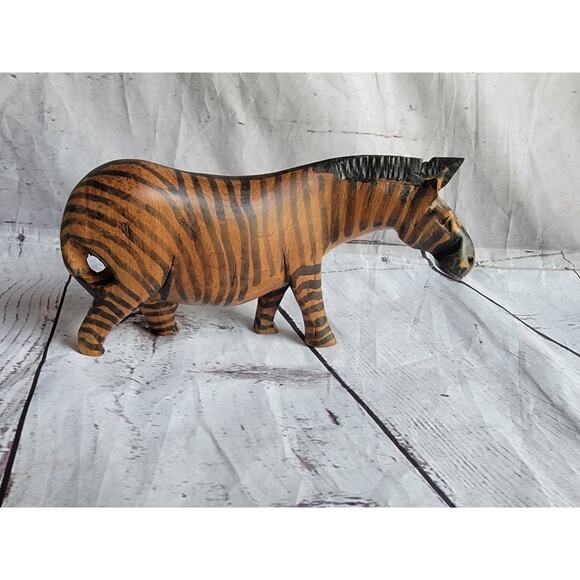 Vintage Hand Carved Wooden Zebra Figure Brown Black 8in long African Safari READ - Picture 1 of 8